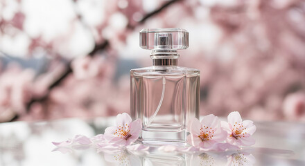 Transparent perfume bottle on a reflective glass surface with cherry blossom petals
