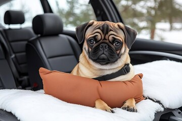 Dog Pug on car making serious face and boring feeling so sad , isolated on white background,  , copy space, copy space for text,