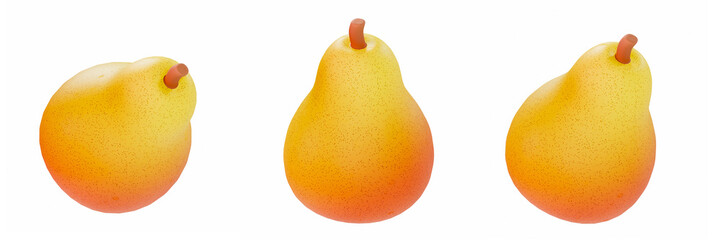stylized3D render of three pears in different angles on white background. Bright, glossy, yellow-orange fruit illustration perfect for healthy food and organic fruit concepts.