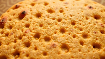 Detailed macro shot of injera showing porous and bubbly surface structure, warm tones and soft shadows, minimal background with Ethiopian motifs, abstract food texture focus