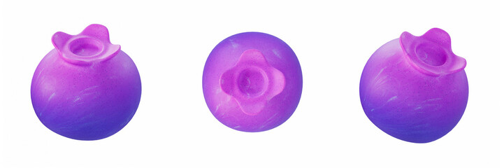 stylized 3D render of three blueberries in different angles on white background. Bright, glossy, purple-blue fruit illustration perfect for healthy food and organic fruit concepts.