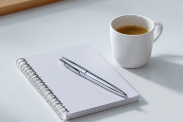 Minimalist pen and notebook mockup set on clean white office desk