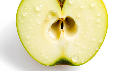 Close up macro shot of a juicy green apple half with glistening water droplets on its flesh and skin against a clean white background