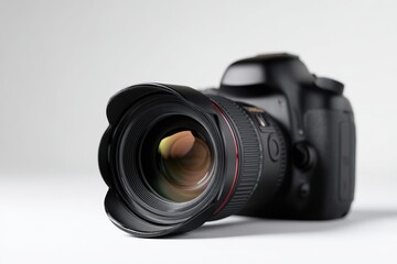 Fototapeta premium Professional DSLR camera with lens cap off, placed on a white surface ready for use