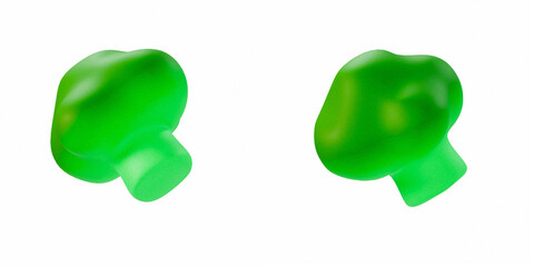 stylized 3D render of two broccoli in different angles on white background. Bright, glossy, green fruit illustration perfect for healthy food and organic vegetable concepts.