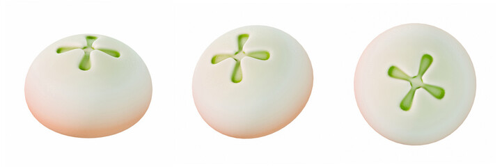 stylized 3D render of three Steamed buns in different angles on white background. Bright, glossy, Asian cuisine illustration perfect for healthy food and organic fruit concepts.