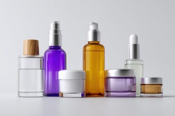 A neat row of skincare products including bottles and jars with a clean white backdrop