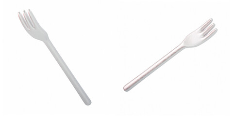 stylized 3D render of Two white plastic forks arranged side by side on a plain white background - minimalist dining concept perfect for food packaging, catering, or tableware design visuals.