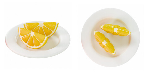 stylized 3D render of Fresh Lemon slices and halves arranged on white plates over a clean white background - bright and minimal citrus concept perfect for healthy food and wellness visuals.