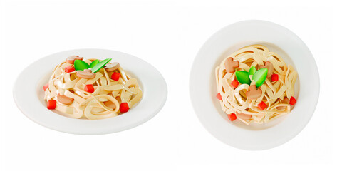 stylized 3D render Fettuccine pasta with tomatoes, herbs, and mushrooms on white plates - rustic and appetizing Italian-style dish perfect for restaurant menus or authentic food-themed visuals.