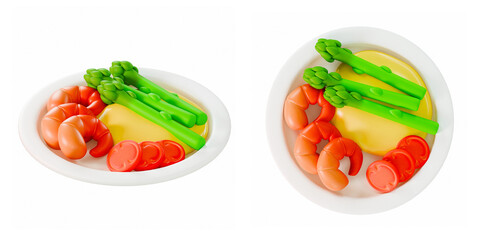 Stylized 3D render of Cooked shrimp with green asparagus and red tomato slices arranged on white plates - vibrant and healthy seafood dish
