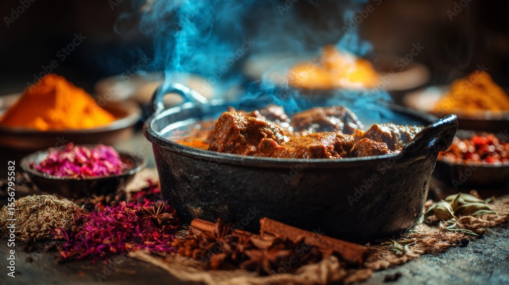 Poster An artistic shot of a pot of fragrant curry simmering on the stove, with colorful spices and herbs arranged around it, creating a rich culinary experience.