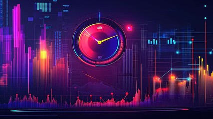Colorful digital clock overlaying vibrant data visualization in a futuristic tech environment - Powered by Adobe