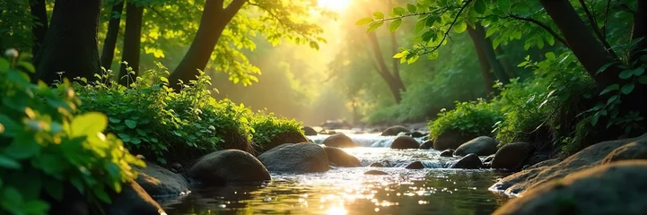 Poster Sunlit Stream Divine Feminine Energy in Nature.  A tranquil flowing stream bathed in sunlight filtering through leaves evokes spiritual connection and inner goddess beauty.