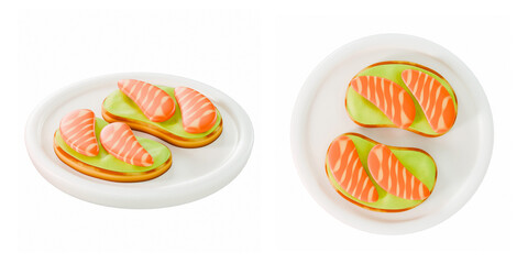 stylized 3D render of two Avocado and salmon toast on crispy bread on white plate in different angles on white background. Stylized food illustration with vibrant colors and smooth design