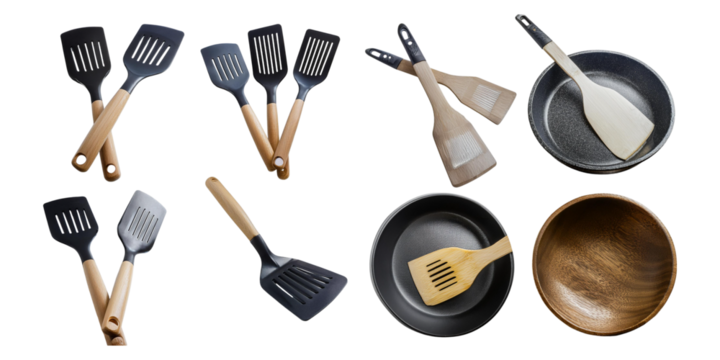 Kitchen spatulas with wooden handles, isolated on transparent background