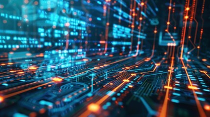 Fototapeta premium Futuristic tech background with circuit board patterns and data flow stock photo --ar 16:9 --raw --v 6 Job ID: 0d68ec5c-a3a0-441d-88ab-eec0bfb8ff8f