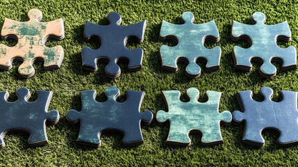 Green and Blue Jigsaw Puzzle Pieces on Grass