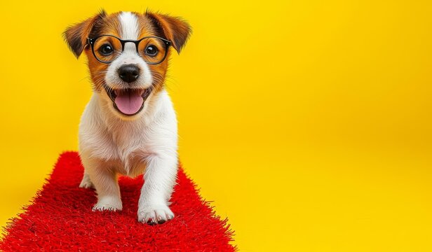 Happy back to school dpg yellow background. Nerd style in glasses. Lovely pet Jack russell terrier , isolated on white background,  , copy space, copy space for text,