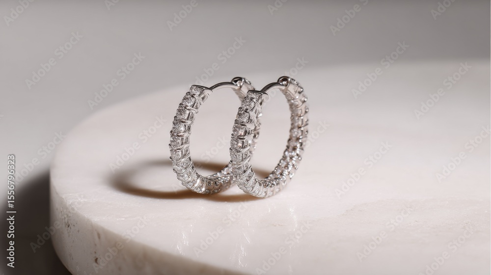 Poster an elegant set of diamond hoop earrings, reflecting light in a dazzling display, positioned on a smo