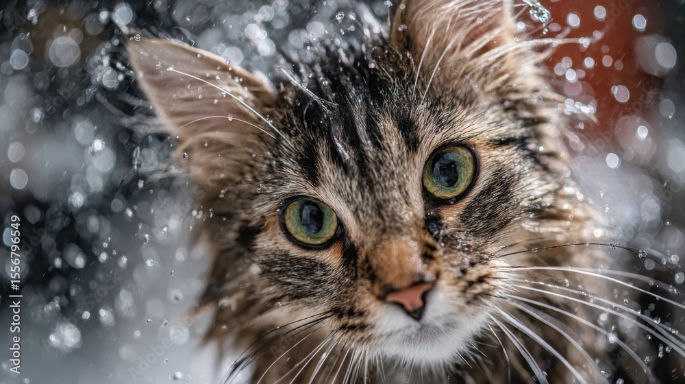 Poster an engaging shot of a cat with wet fur shaking off water droplets, with a playful expression, highli
