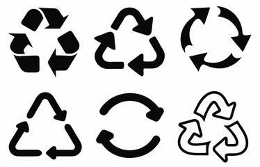 Set of black recycling symbols on white background. reusable sign. movement arrows
