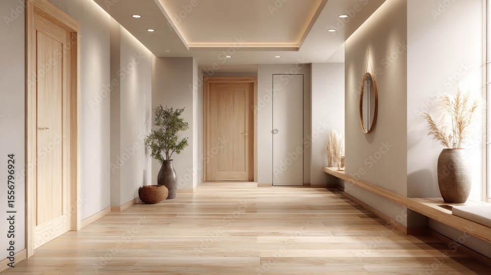 Poster an inviting minimalist hallway with wooden flooring, soft lighting, and a few decorative elements th