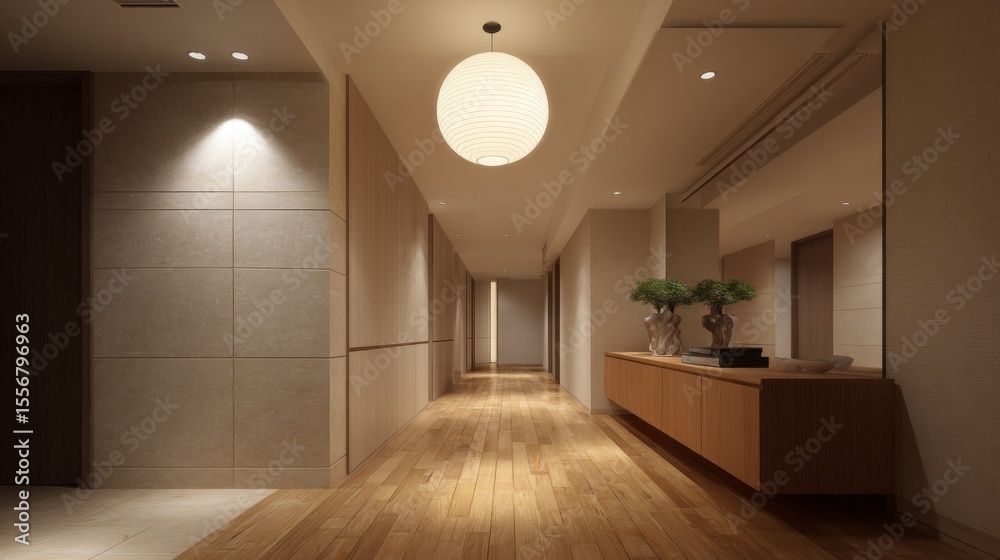 Poster an inviting minimalist hallway with wooden flooring, soft lighting, and a few decorative elements th