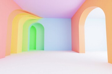 room with a rainbow colored wall and a white floor