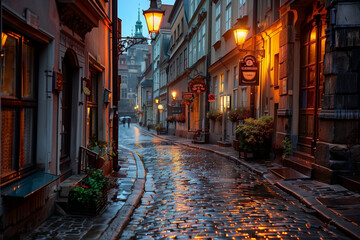 Cobblestone street glowing in soft rain, warm lamps reflecting off wet pavement in historic Europe.