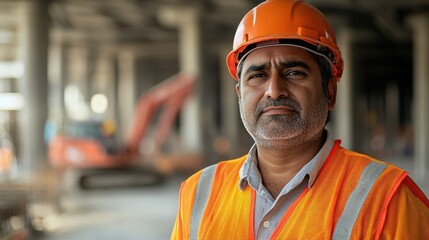 Fototapeta premium Middle-aged Indian male engineer stands confidently at a construction site, wearing safety gear. His focused demeanor reflects expertise and dedication to safety in the workplace.