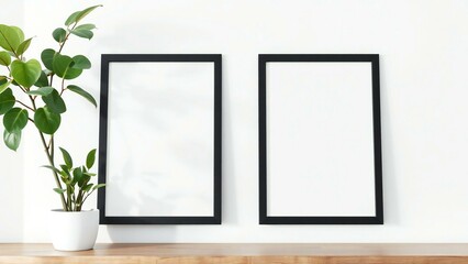 Two blank black frames with plant on wooden shelf