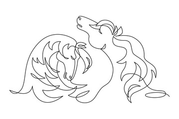 Composition with two horses heads drawn in continuous line in minimalism, abstract, logo, tattoo, symbol of year, one line, editable vector contour