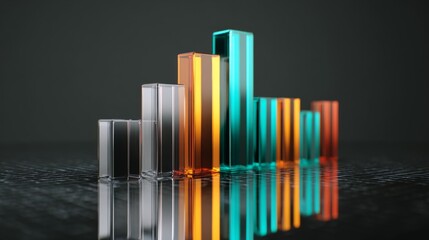 Obraz premium A D bar chart in metallic shades showing financial trends, with reflections on a glass surface and a dark professional background.