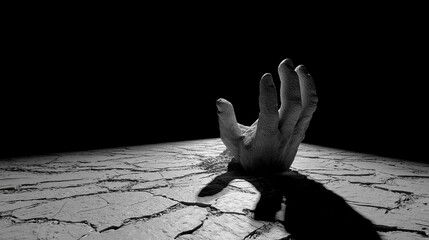 Hand rising from cracked ground showcases struggle or growth themes, suitable for environmental, business, or metaphoric designs and concepts.