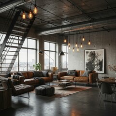 Fototapeta premium Industrial loft living room cityscape