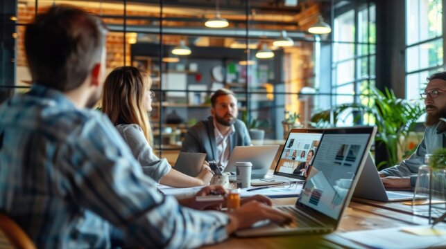 Team in virtual meeting discussing business strategy on laptops stock photo --ar 16:9 --raw --v 6 Job ID: 6d7b8c20-1cb2-4724-9043-ed1b08f357e8