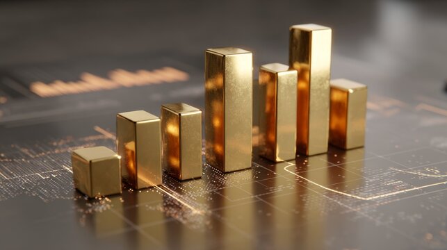 A D bar graph with bright, metallic bars showing financial data in a minimalist setting, with a modern, sleek digital interface in the background.
