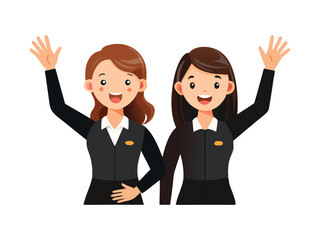 Fototapeta premium Two smiling women in business attire waving with their hands raised in greeting isolated on white background 