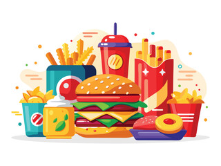Delicious fast food meal featuring a large burger french fries and a refreshing drink isolated on white background
