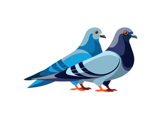Fototapeta premium Two stylized blue pigeons with orange eyes standing side by side in profile view isolated on white background 