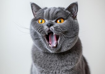 The head of the gray cat looking up, mewing and having widely op , isolated on white background,  , copy space, copy space for text,