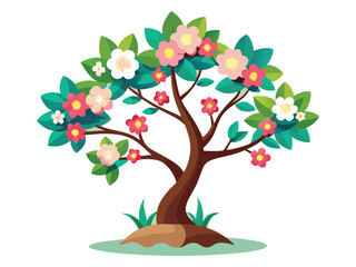 Stylized cartoon blooming tree with pink flowers and green leaves on a grassy mound isolated on white background

