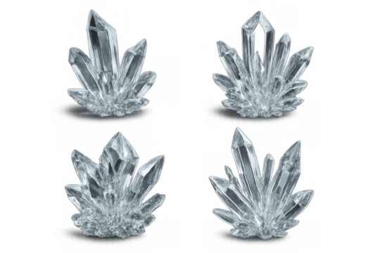 Four crystal clusters sparkle on a transparent background, showcasing their intricate formations and translucent beauty