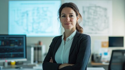 Fototapeta premium A confident European female architect stands in her modern office, showcasing her professionalism and creativity. The bright workspace highlights her innovative work.