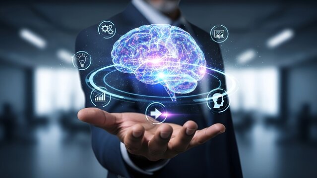 Human hand holds a digital brain showing artificial intelligence and modern technology advancements in neural networks and machine learning.