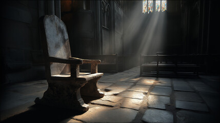 Stone chair in sunlit cathedral suitable for interior design décor, religious themes, historical settings, peaceful backgrounds, architecture concepts.