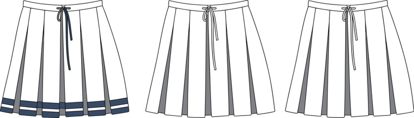 Stylish Pleated Skirt Design Collection: Versatile Flat Technical Sketch for Fashion Illustration, Apparel CAD, and Garment Manufacturing, Featuring Ribbon Detail and Striped Hem.