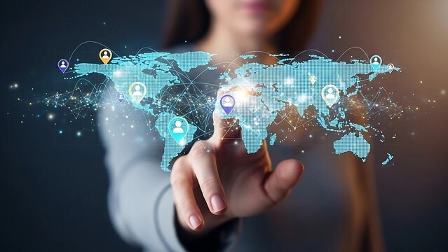 Connecting global communications shows social network expansion with a world map projected on a touch screen interface.