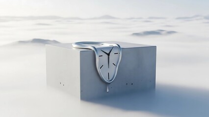 Surreal melting clock on a white cube above the clouds represents distorted time and the concept of eternity